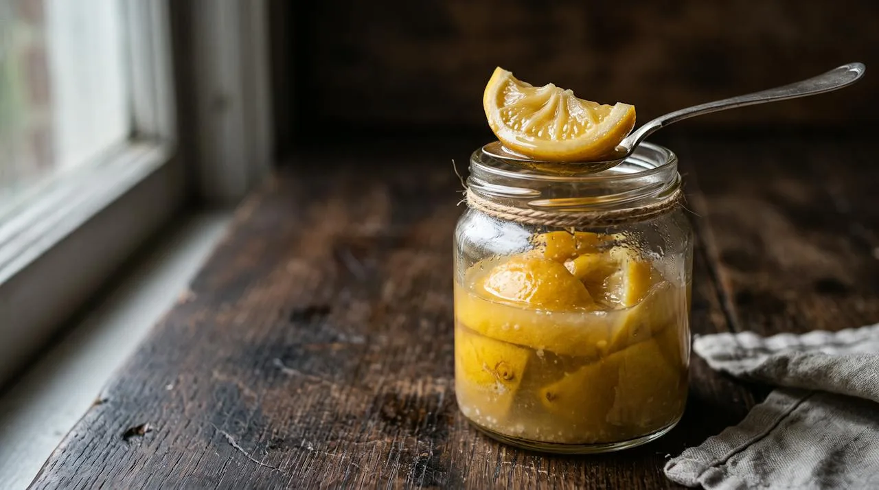 Salt-preserved lemons after one month in a glass jar, with soft translucent golden rinds in thick brine