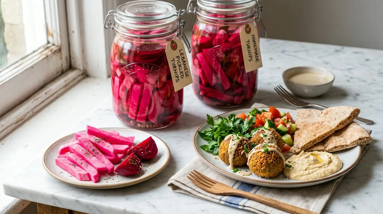 Bright pink Lebanese pickled turnips with beet slices in tall jars next to falafel and pita