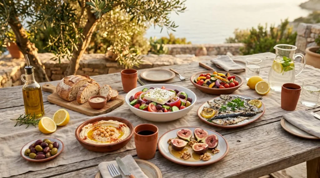 A long rustic table set with a Mediterranean diet spread: hummus, Greek salad with feta, grilled sardines, roasted vegetables, fresh figs, olives, crusty bread and golden olive oil