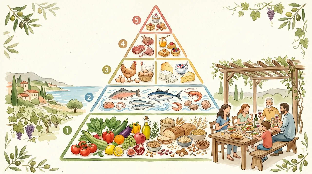 Watercolor illustration of the Mediterranean diet pyramid with vegetables, grains, legumes and olive oil at the base, fish in the middle, and meat and sweets at the top