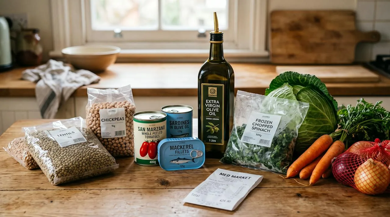 Affordable Mediterranean groceries on a counter: dried lentils and chickpeas, canned tomatoes, sardines, frozen spinach, cabbage, carrots, onions and a large bottle of olive oil