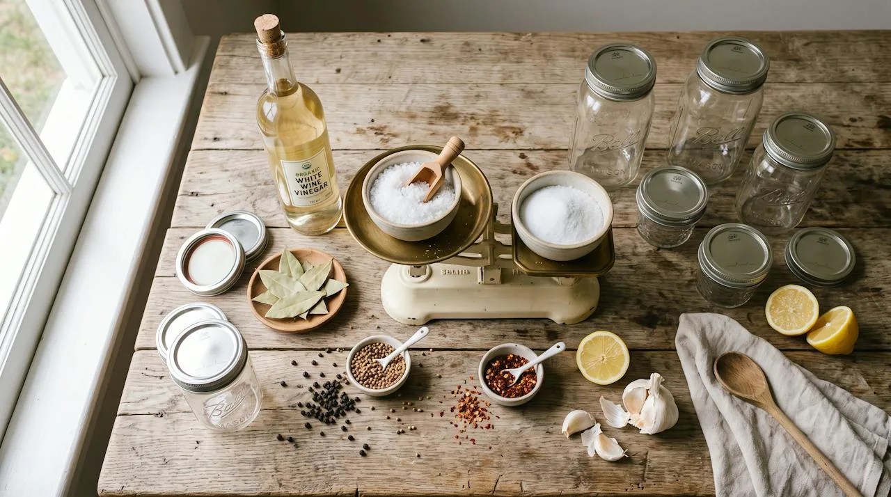 Flat-lay of preserving essentials: pickling salt, white wine vinegar, kitchen scale, clean mason jars, bay leaves, peppercorns, coriander seeds, chili flakes, garlic and lemons