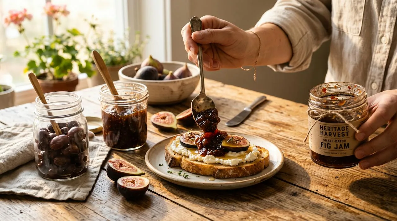 Small-batch fig jam spooned onto toasted bread with soft cheese beside fresh figs and olives