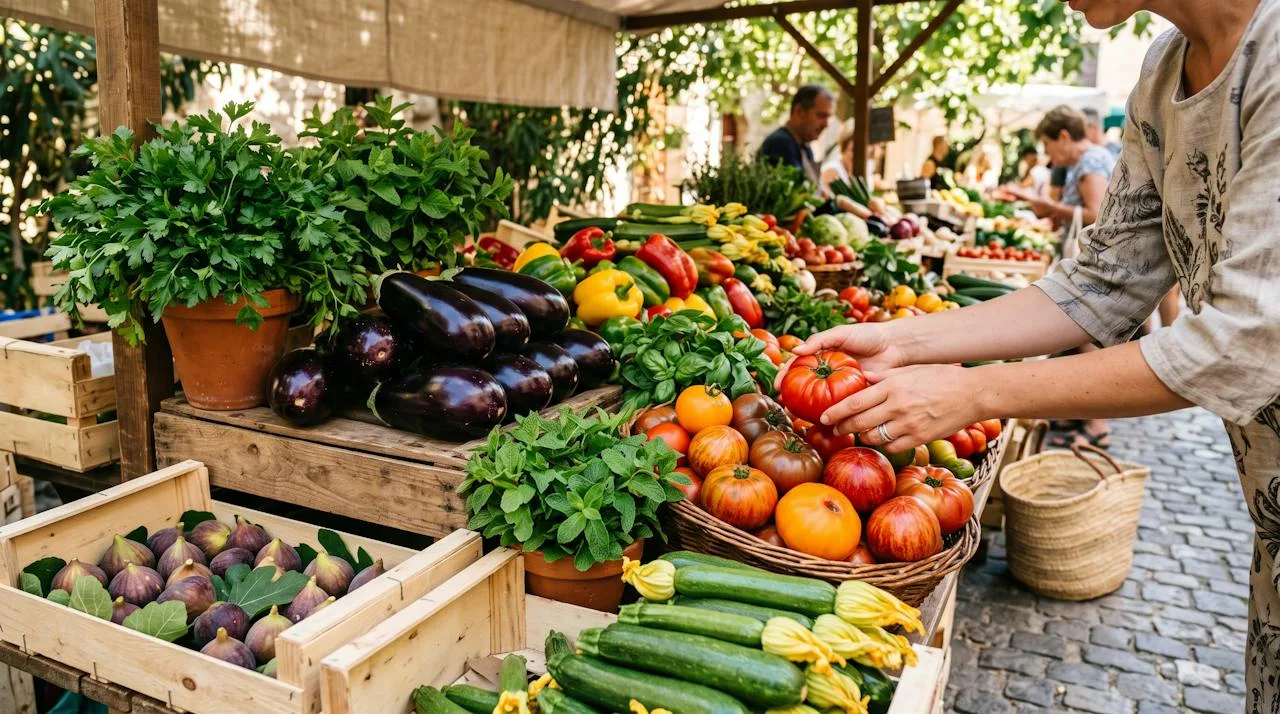 Farmers market stall with eggplants, heirloom tomatoes, zucchini, peppers, fresh herbs and crates of figs