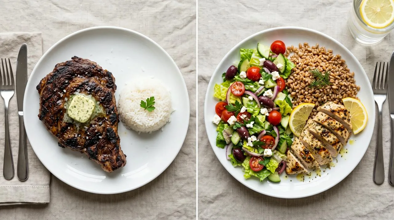 Before and after comparison: a plate of plain rice and a large steak next to a rebalanced Mediterranean plate with half vegetables, a quarter farro and a quarter grilled chicken