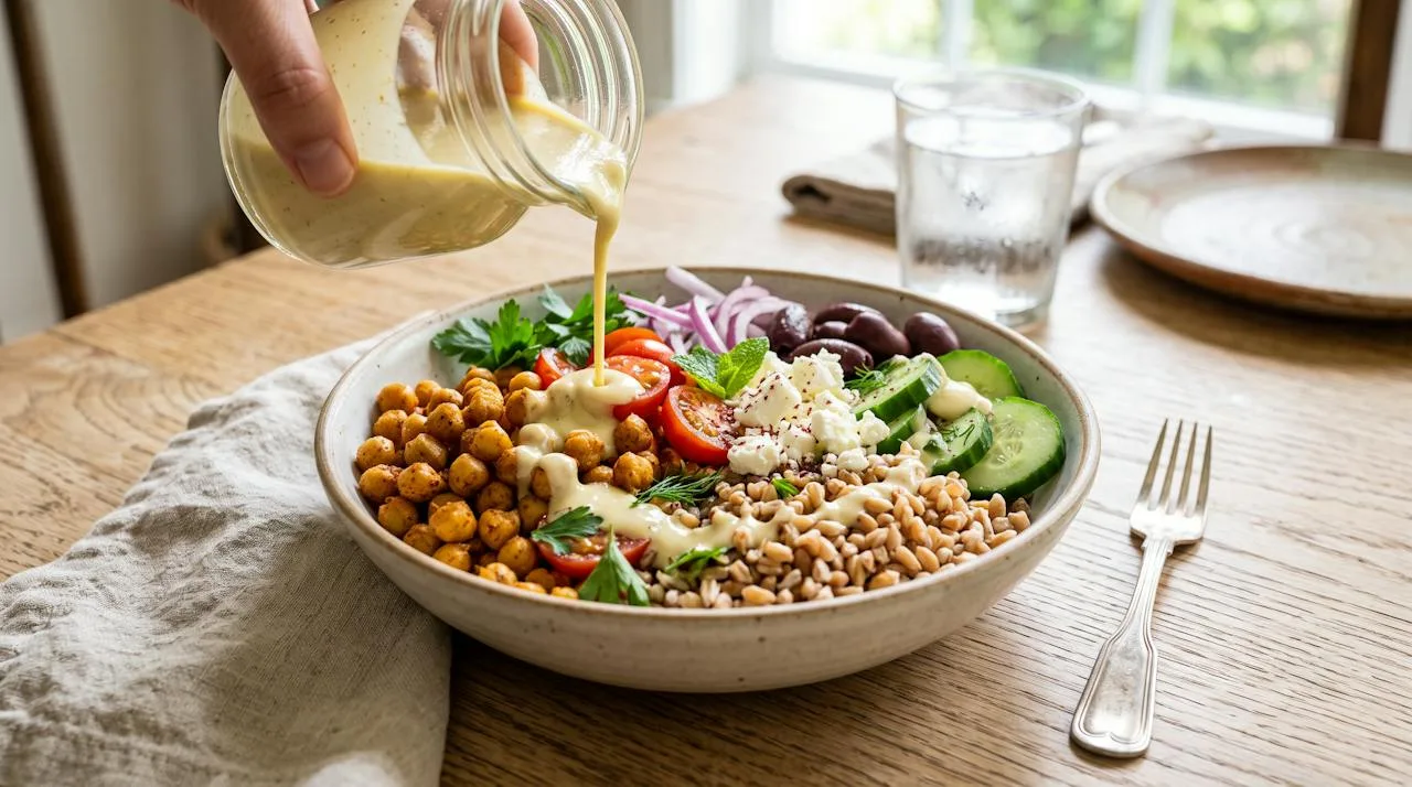 Mediterranean grain bowl with farro, roasted chickpeas, cucumber, tomatoes, olives, feta and tahini lemon dressing being drizzled on top