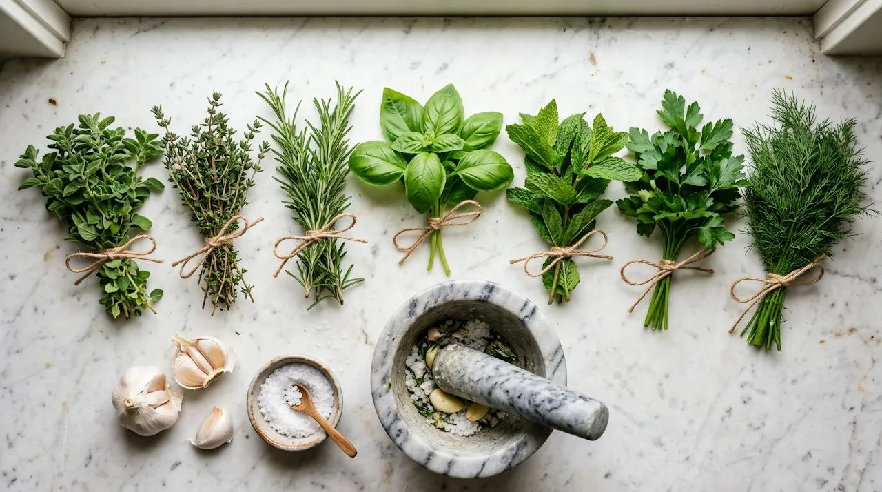 Bunches of fresh Mediterranean herbs including oregano, thyme, rosemary, basil, mint and parsley tied with twine on marble, with mortar and pestle and garlic