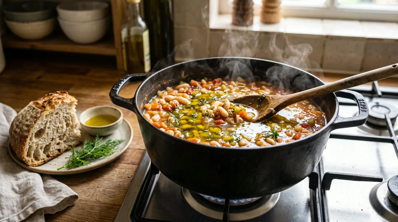 Pot of Greek-style white bean and tomato stew with olive oil pooling on top, a wooden spoon and crusty bread