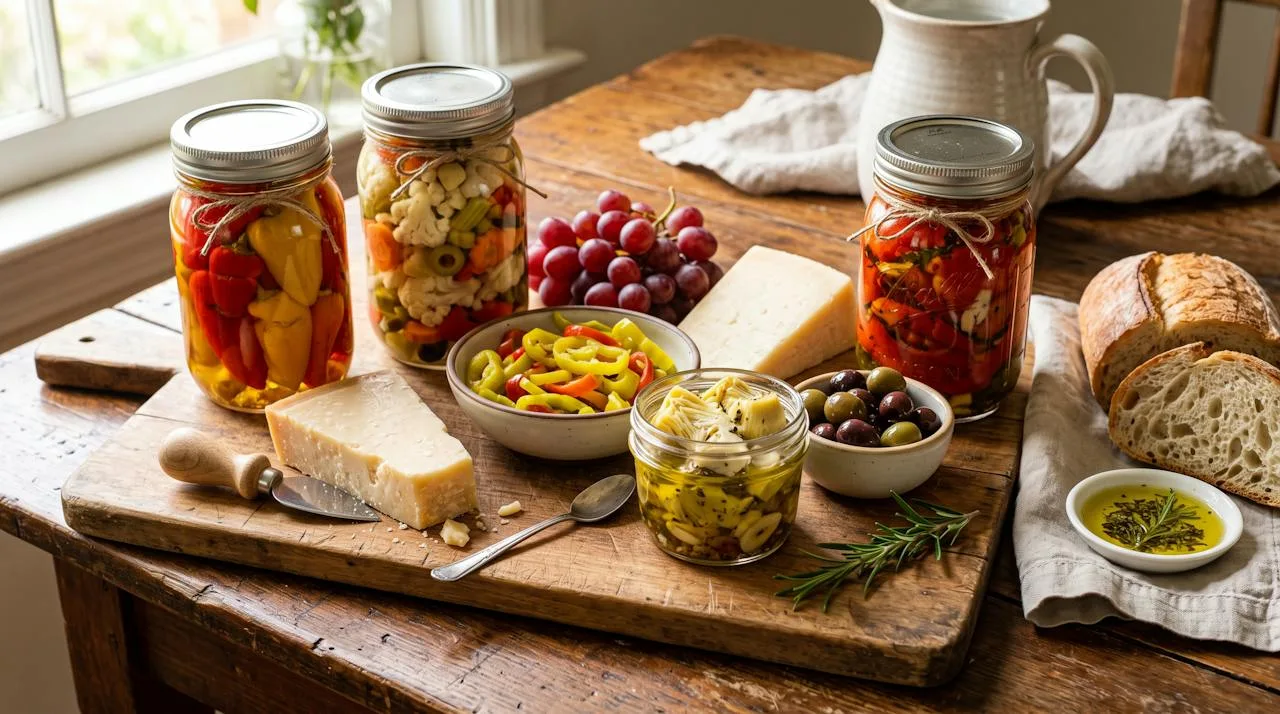Pickled peppers, giardiniera-style vegetables, roasted red peppers and marinated artichokes on an antipasto board