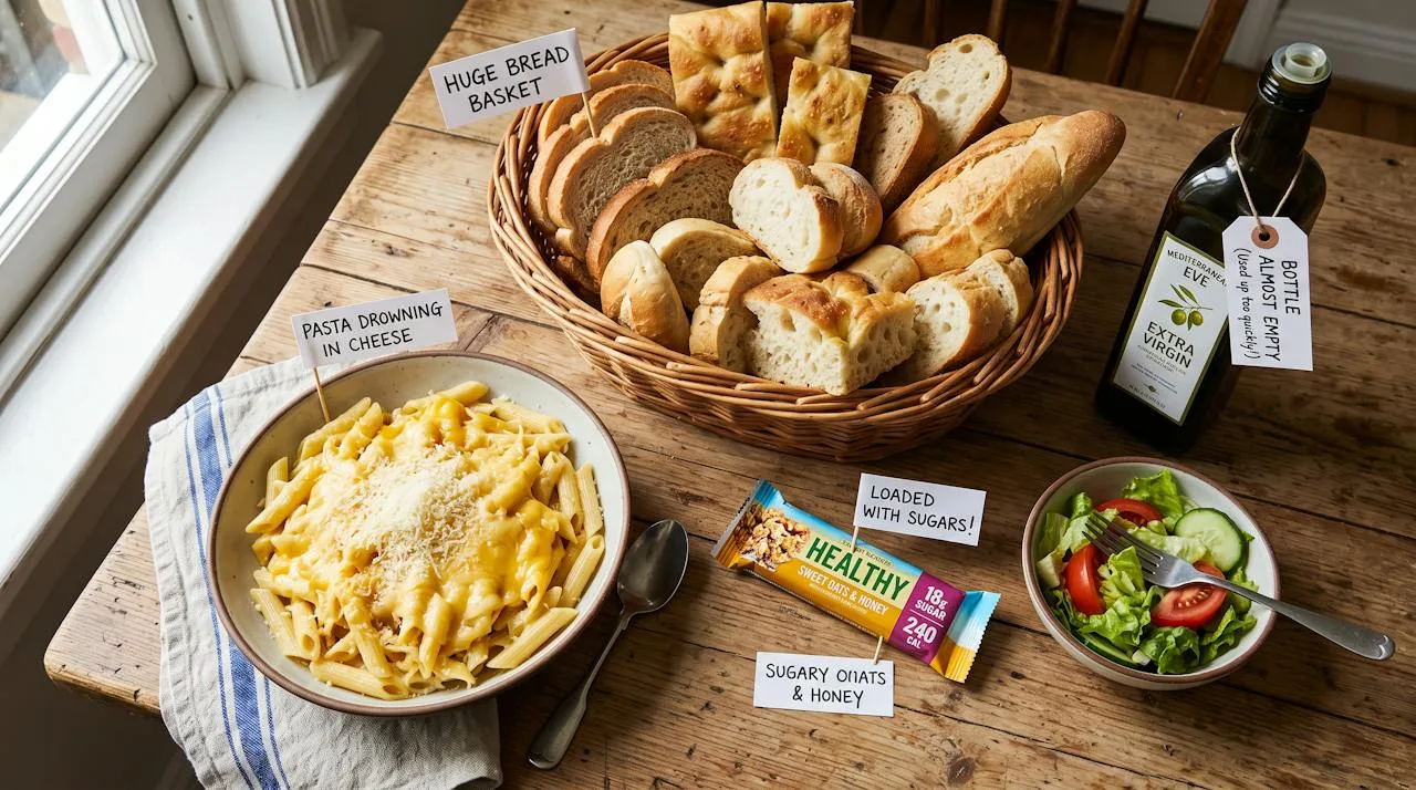 Still life of common Mediterranean diet mistakes: pasta drowning in cheese, a large bread basket, a sugary granola bar and an almost-empty olive oil bottle beside a small salad