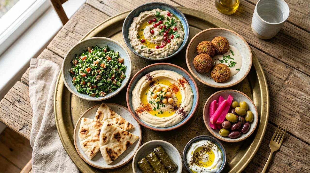 Middle Eastern mezze spread with hummus, baba ghanoush, tabbouleh, falafel, warm pita, pickled turnips and olives on a brass tray