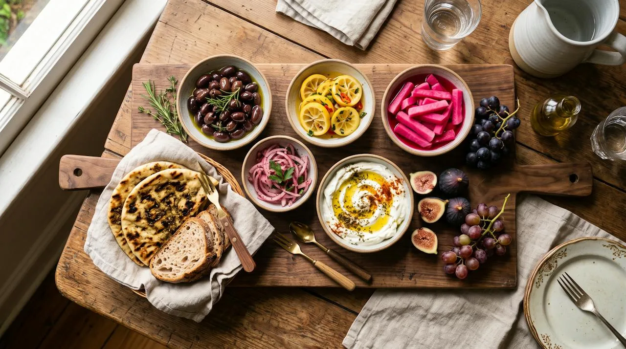 Mediterranean board of homemade olives, preserved lemons, pickled turnips, pickled onions, labneh, flatbread and figs