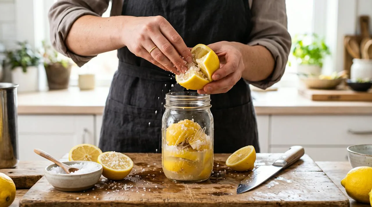 Hands quartering lemons while keeping them attached at the base and packing coarse salt into them over a glass jar