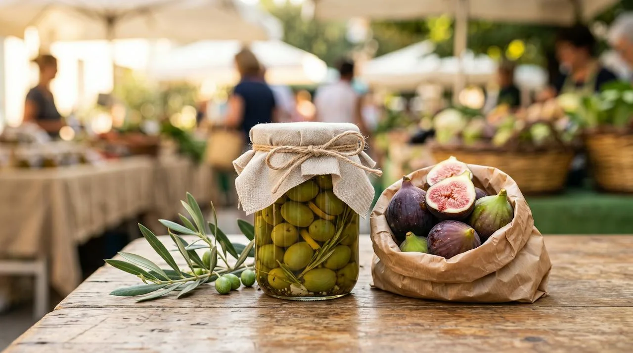 A jar of home-cured green olives with a linen cover beside a paper bag of fresh figs and an olive branch at a farmers market table