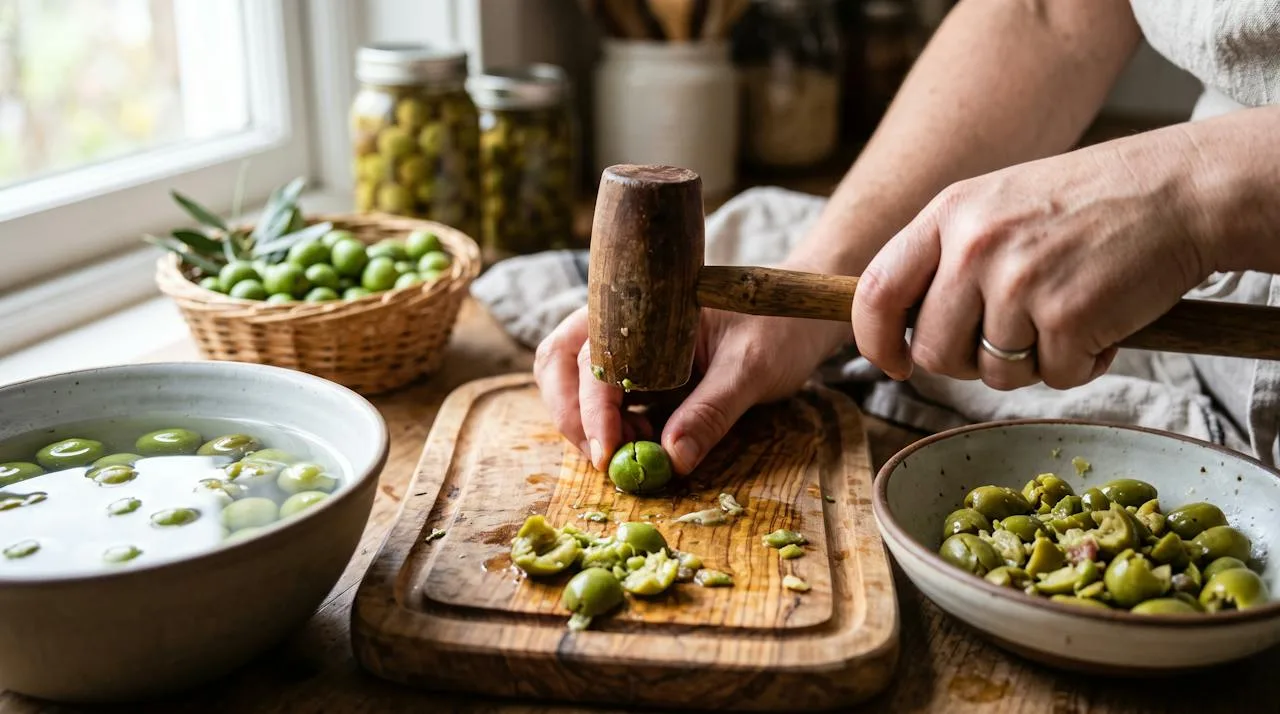 Hands cracking fresh green olives with a wooden mallet on a cutting board next to bowls of cracked olives and cold water