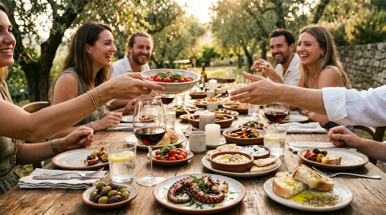 Friends passing bowls of Mediterranean food at a long outdoor table under an olive tree at golden hour, with red wine and sparkling water