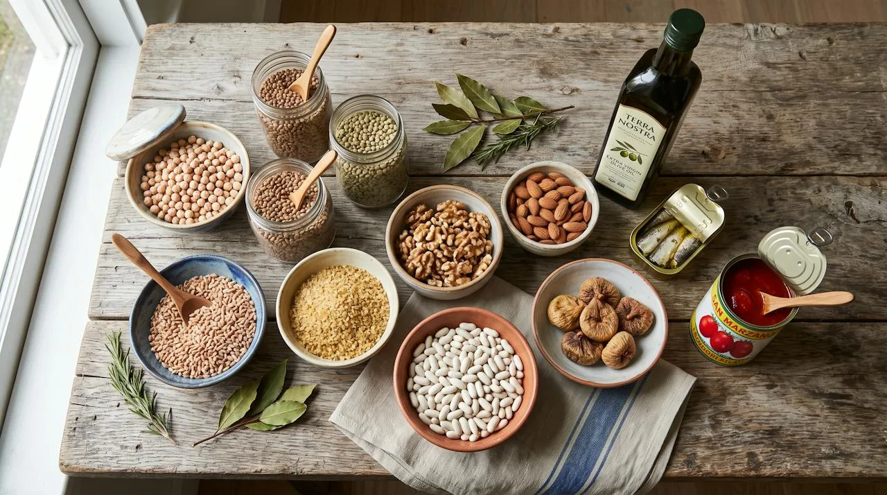 Flat-lay of Mediterranean pantry staples in ceramic bowls and glass jars: chickpeas, lentils, farro, bulgur, white beans, nuts, dried figs, canned tomatoes, sardines and olive oil