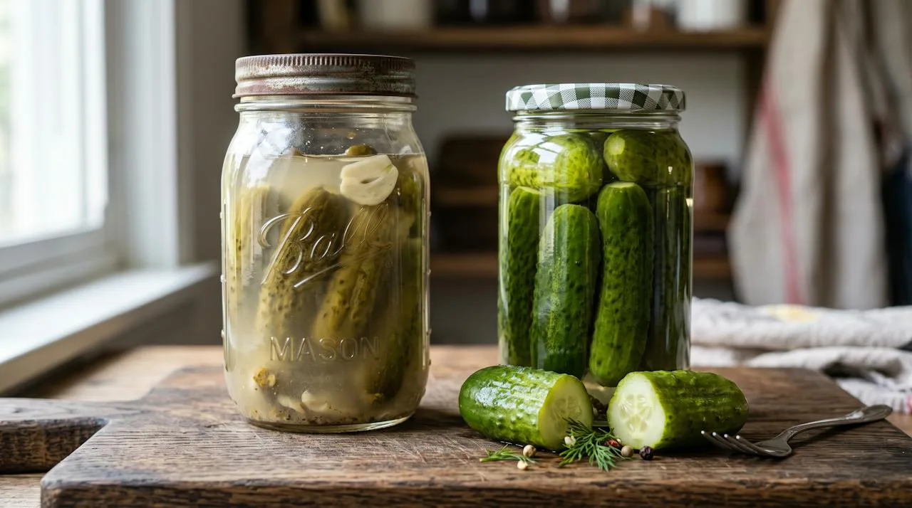 Comparison of soft, mushy, discolored pickles next to crisp, bright pickles snapping in half