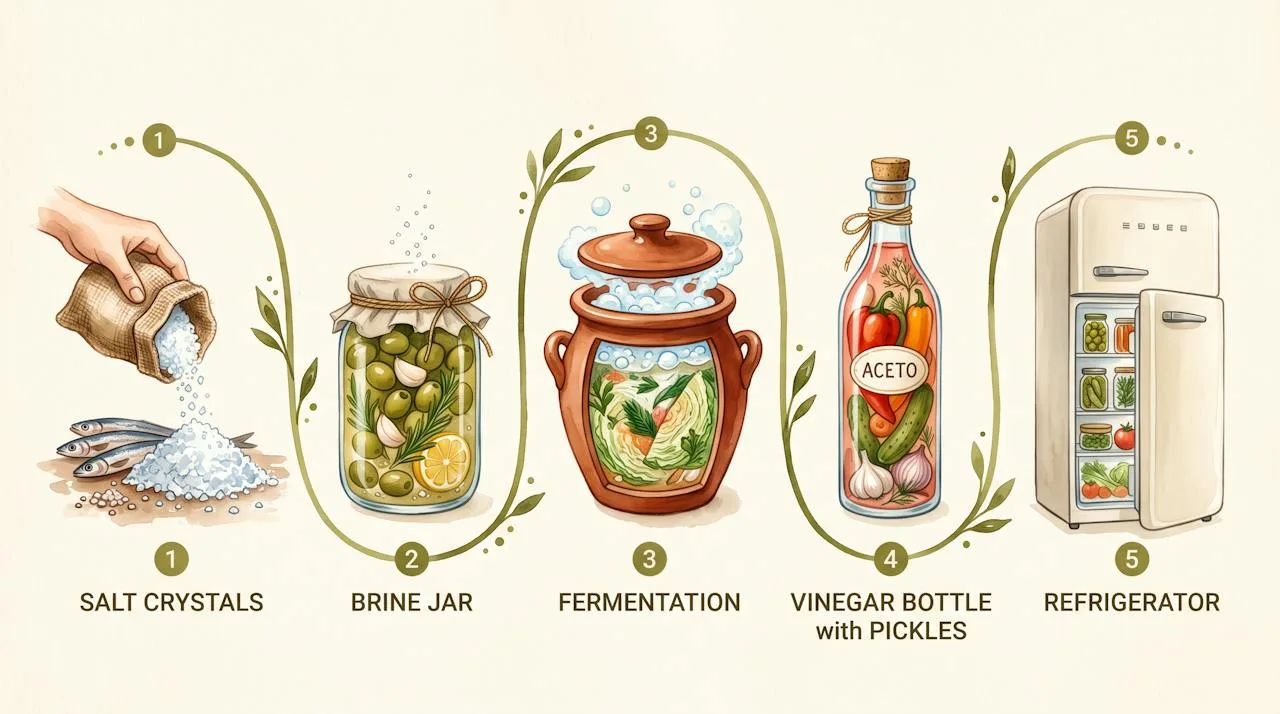 Watercolor timeline illustration of Mediterranean preserving methods: salt, brine, fermentation, vinegar pickles and refrigeration