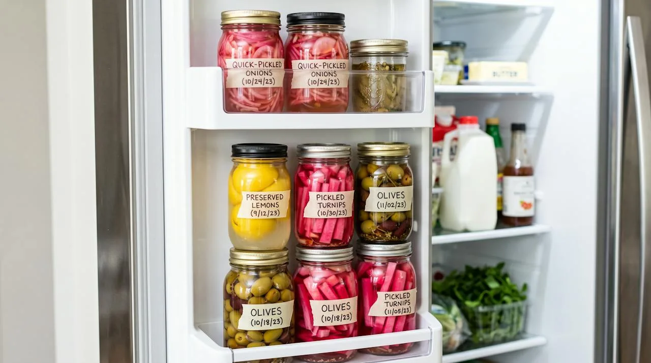 Refrigerator door shelves organized with labeled homemade jars of olives, preserved lemons, pickled turnips and quick-pickled onions
