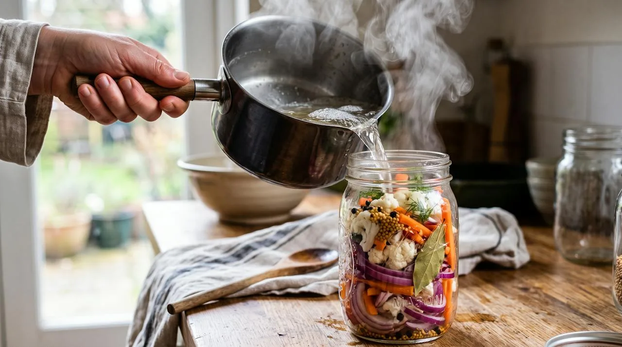 Pouring hot vinegar brine into a jar packed with sliced red onions, cauliflower and carrots with mustard seeds and bay leaf