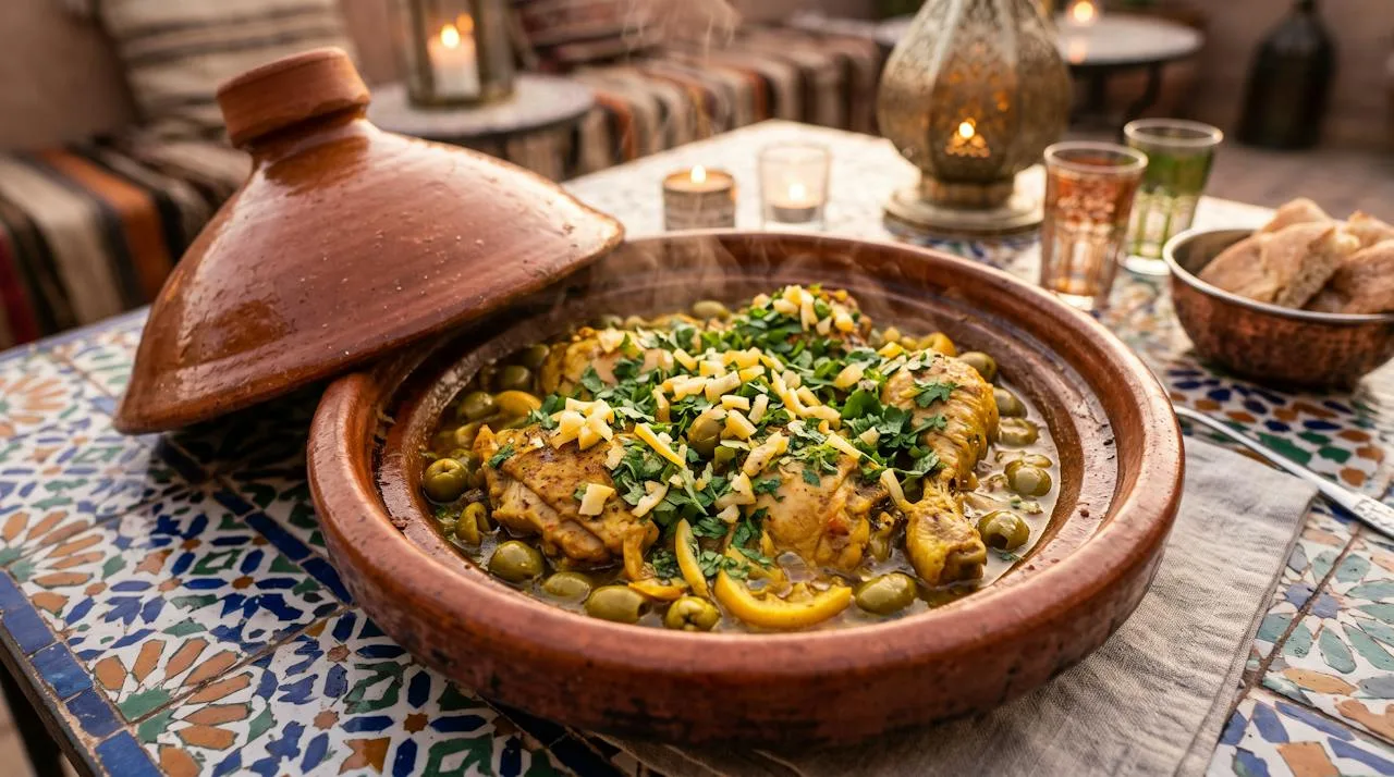 Moroccan chicken tagine with preserved lemon and green olives in a clay tagine, topped with cilantro