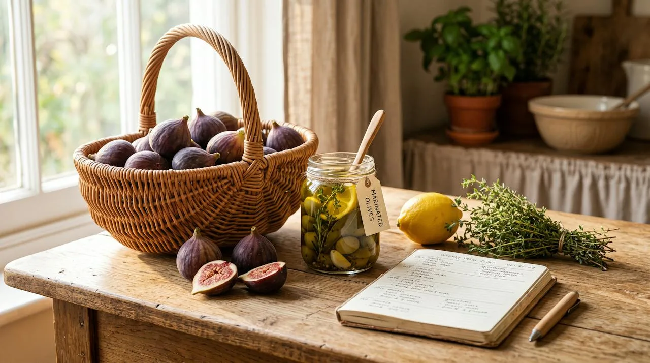 Closing still life of a wicker basket spilling fresh figs, a jar of brine-cured olives, a lemon and thyme on a sunlit wooden farmhouse table