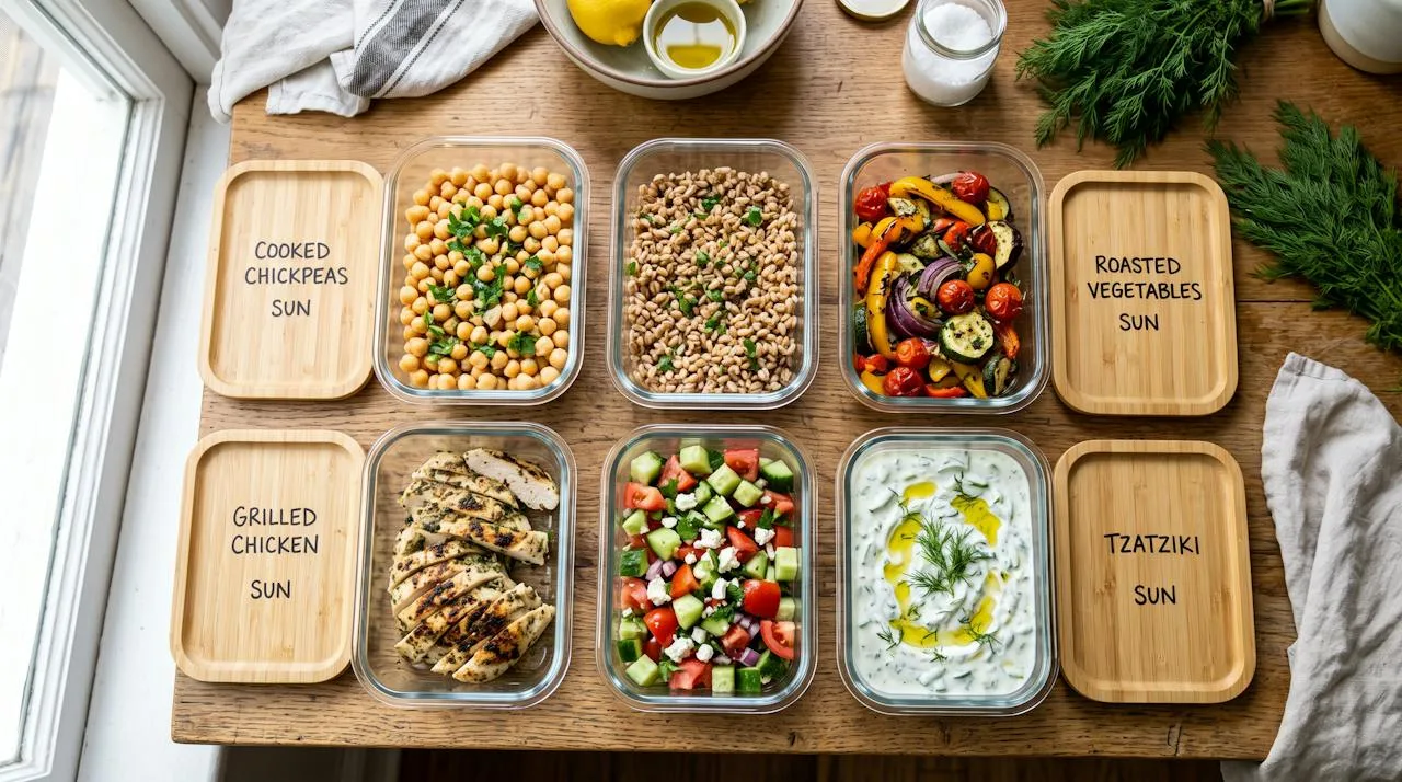 Glass meal prep containers filled with cooked chickpeas, farro, roasted vegetables, tzatziki, chopped salad and grilled chicken