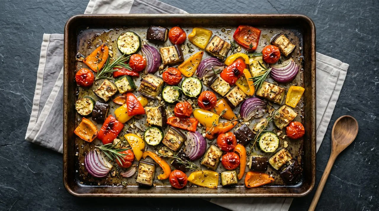 Sheet pan of caramelized roasted Mediterranean vegetables including eggplant, zucchini, red onion, peppers and cherry tomatoes with rosemary