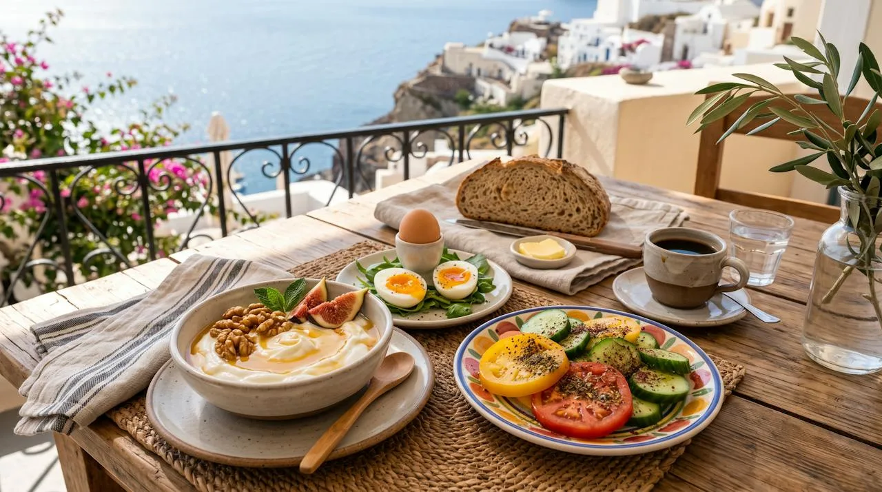 Mediterranean breakfast table with Greek yogurt, honey, walnuts, figs, soft-boiled eggs, tomatoes and cucumbers with za'atar and whole-grain bread