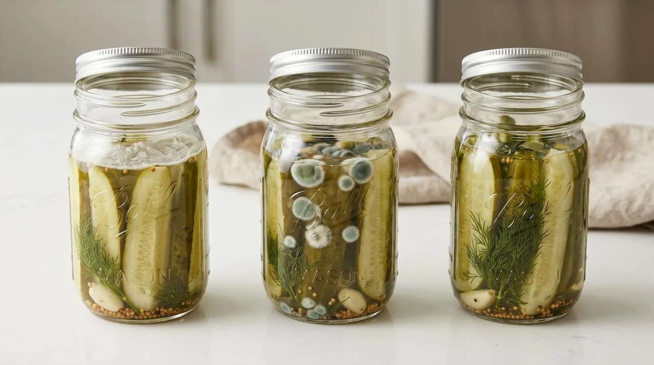 Three jars of homemade pickles comparing a harmless white kahm yeast film, fuzzy mold spots, and a clear healthy brine