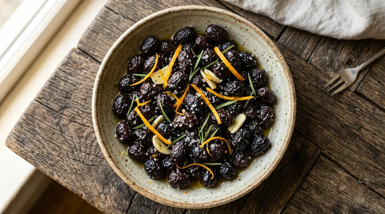Dry-salt-cured wrinkled black olives in a ceramic dish tossed with olive oil, orange zest, garlic and rosemary