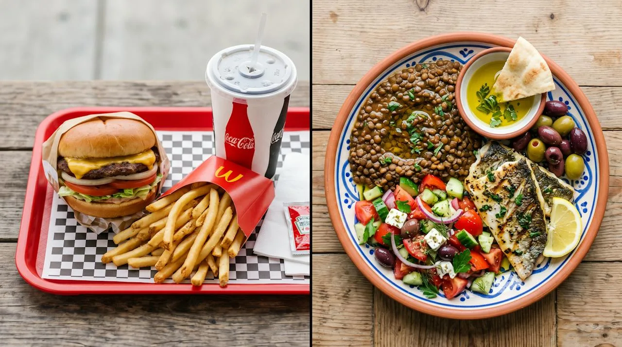 Split-screen comparison of a fast-food meal with fries and soda next to a colorful Mediterranean plate with lentils, grilled fish, salad, olives and olive oil