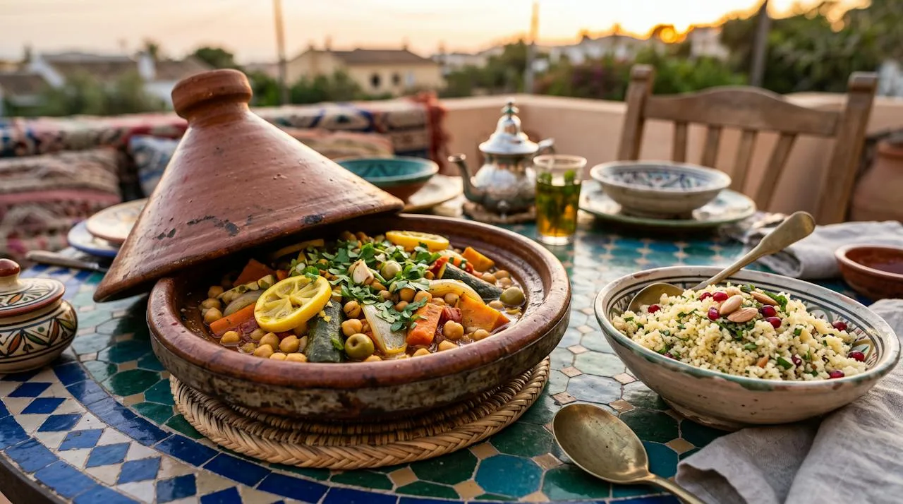 Moroccan chickpea and vegetable tagine with preserved lemon, green olives and cilantro next to a bowl of couscous