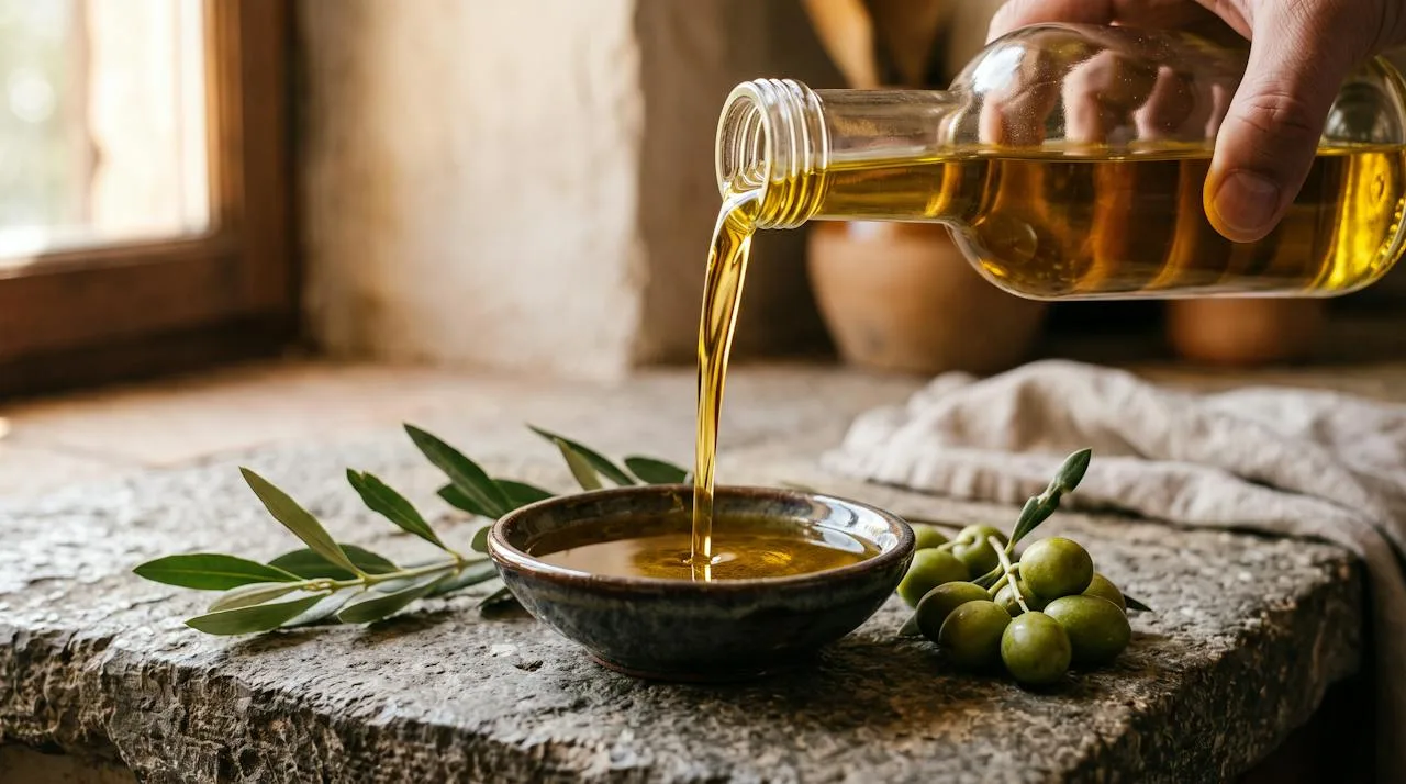 Golden extra virgin olive oil being poured from a glass bottle into a ceramic dish beside green olives and an olive branch