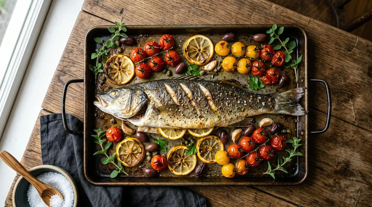 Whole branzino baked on a sheet pan with lemon slices, cherry tomatoes, olives, capers and oregano