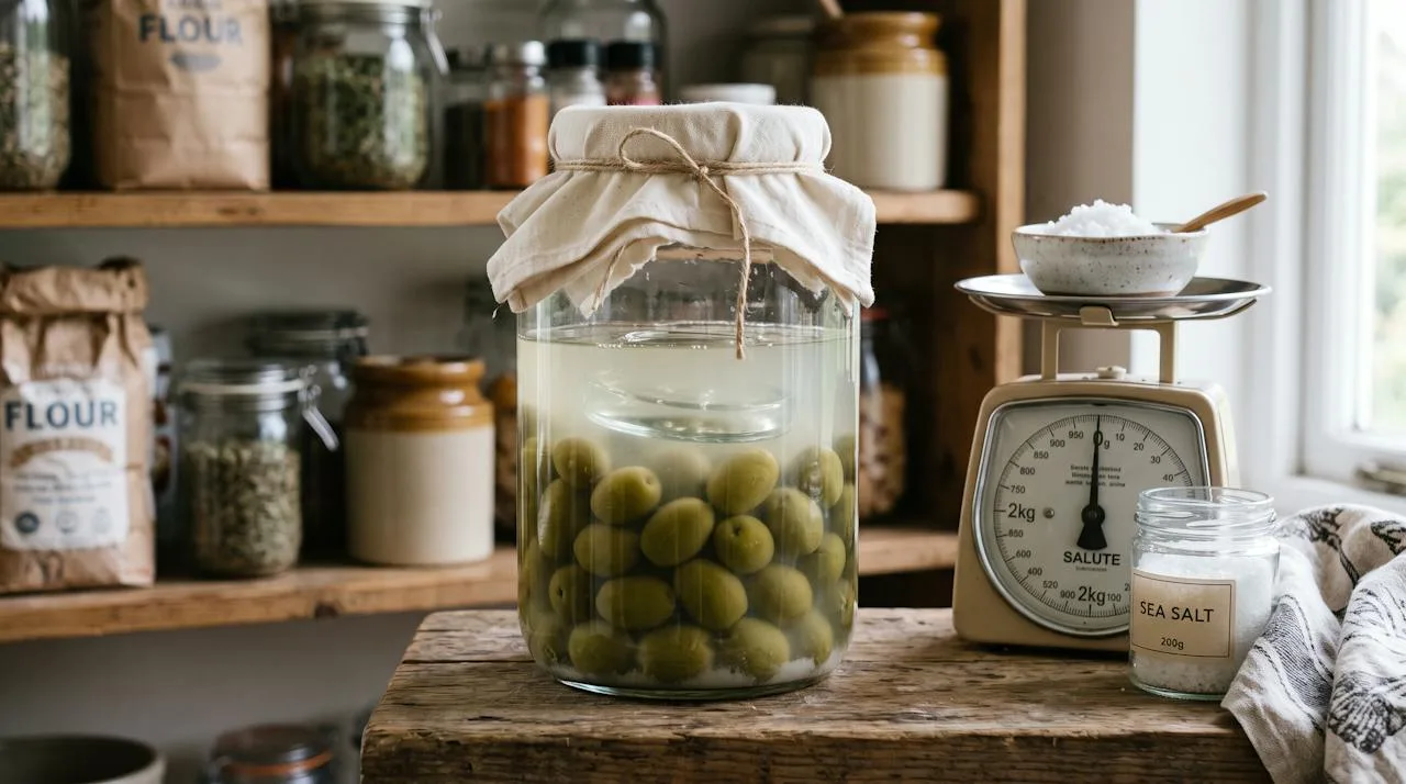 Large glass jar of green olives submerged in cloudy salt brine held down by a glass fermentation weight
