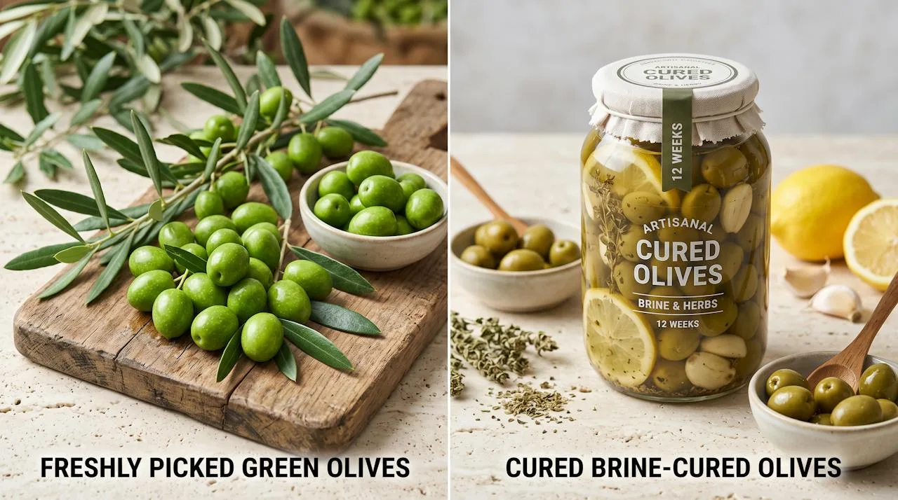 Split comparison of freshly picked raw green olives on a branch next to the same olives cured in a jar of brine with lemon, garlic and oregano