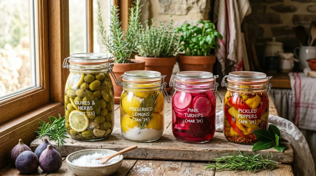 A shelf of homemade Mediterranean preserves: brine-cured olives, salt-preserved lemons, pink pickled turnips and pickled peppers in glass jars with fresh figs and sea salt
