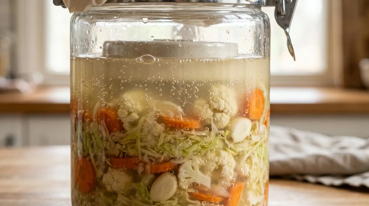 Glass crock of fermenting cabbage, carrots, cauliflower and garlic with small bubbles rising through cloudy brine