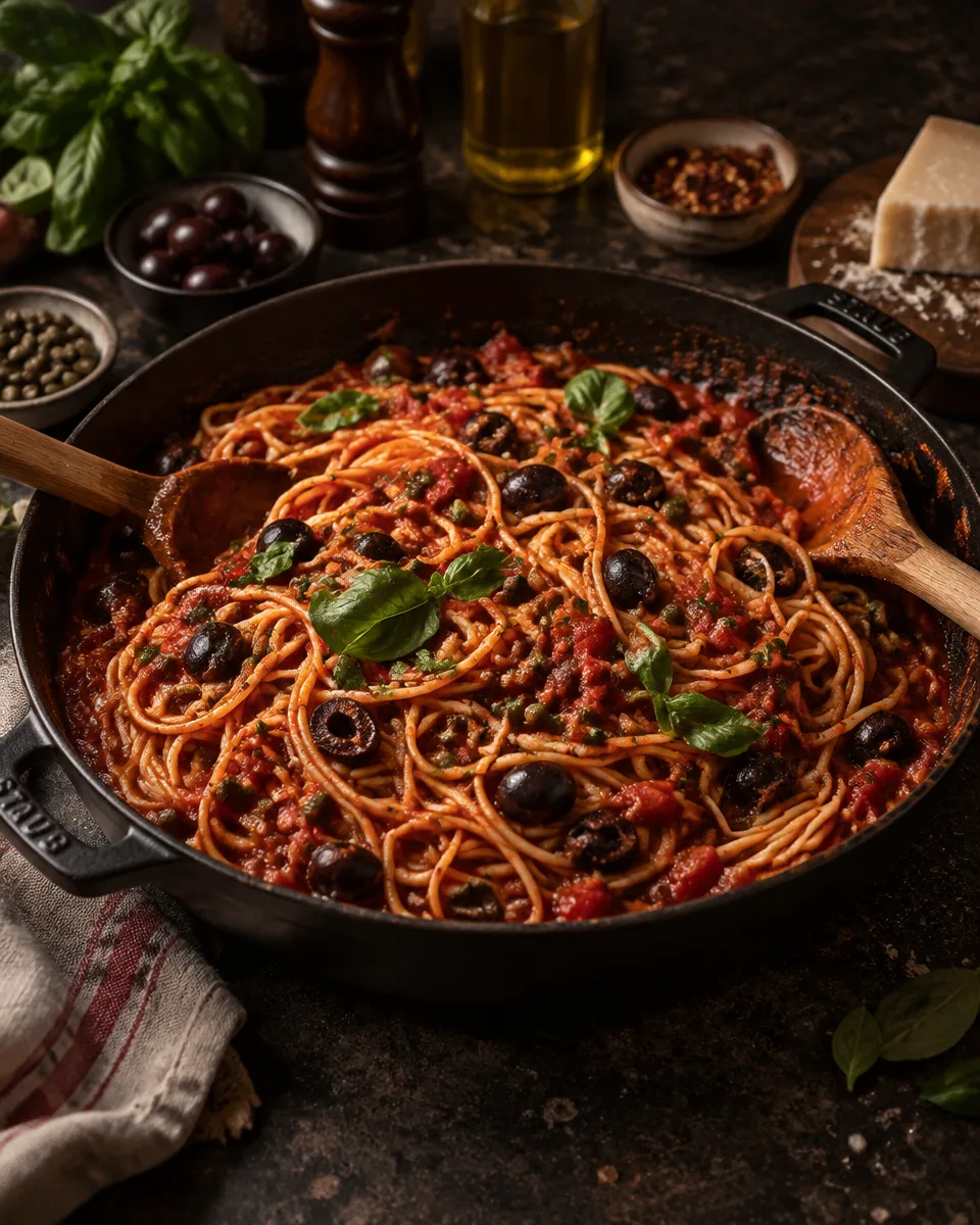 Delicious Spaghetti alla Puttanesca with Olives, Capers, and Tomato