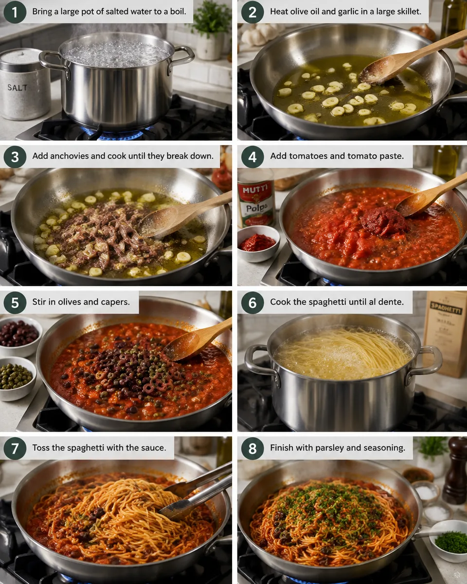 Delicious Spaghetti alla Puttanesca with Olives, Capers, and Tomato