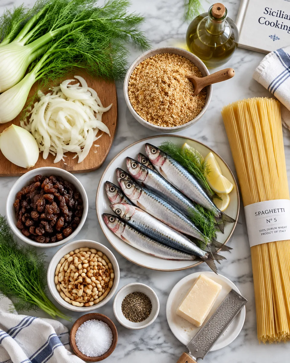 Pasta con le Sarde (Sicilian pasta with sardines, wild fennel, raisins and pine nuts)