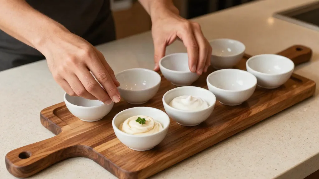 Hands arranging small white bowls on a wooden board while setting up a mezze platter
