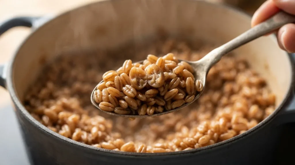 A spoonful of plump, intact cooked farro grains held above the pot