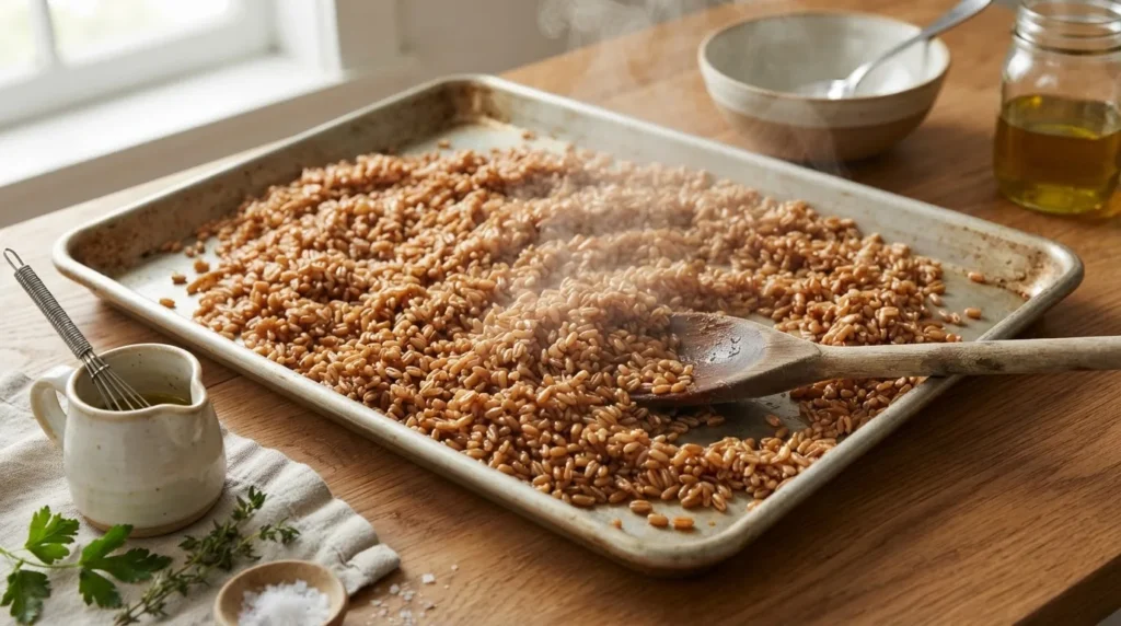 Cooked farro spread in a thin layer on a metal tray to cool, with a jug of dressing nearby