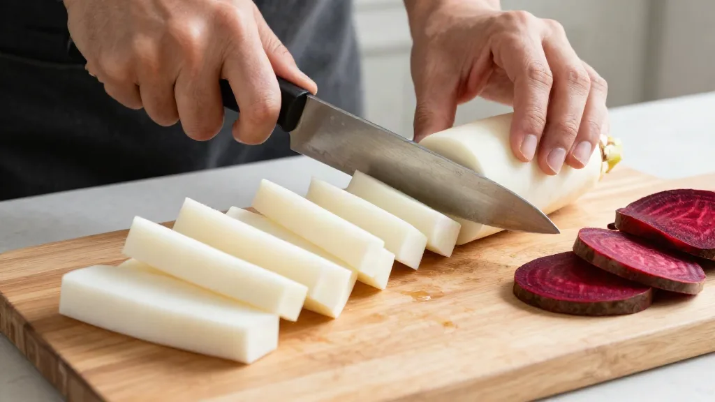 Cutting a peeled turnip into even batons on a wooden board, with raw beet slices beside them