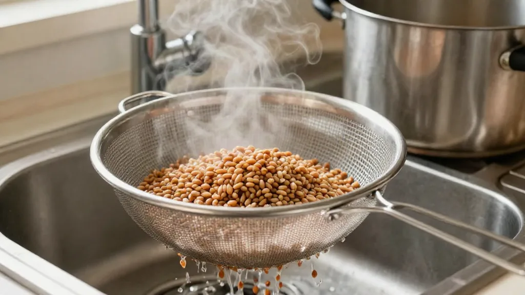 Cooked farro draining in a fine-mesh colander over a sink, with steam rising