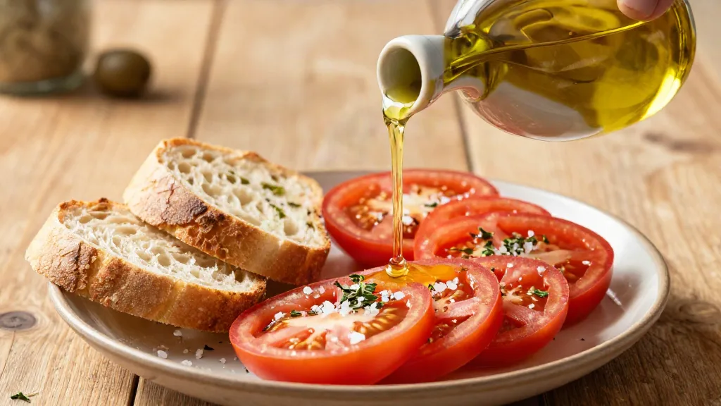 Golden-green olive oil being drizzled from a ceramic cruet over sliced tomatoes and crusty bread