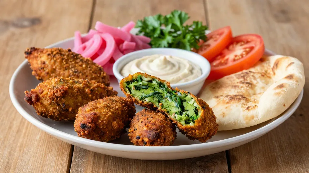 Falafel with a green herb center, tahini sauce, pink pickled turnips, tomato and pita on a plate